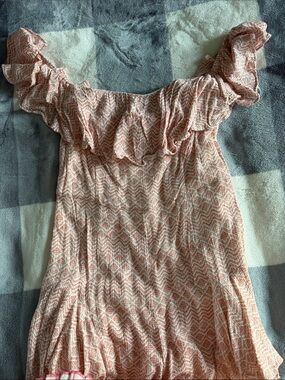 Off-Shoulder Ruffle Summer Dress in Peach Print